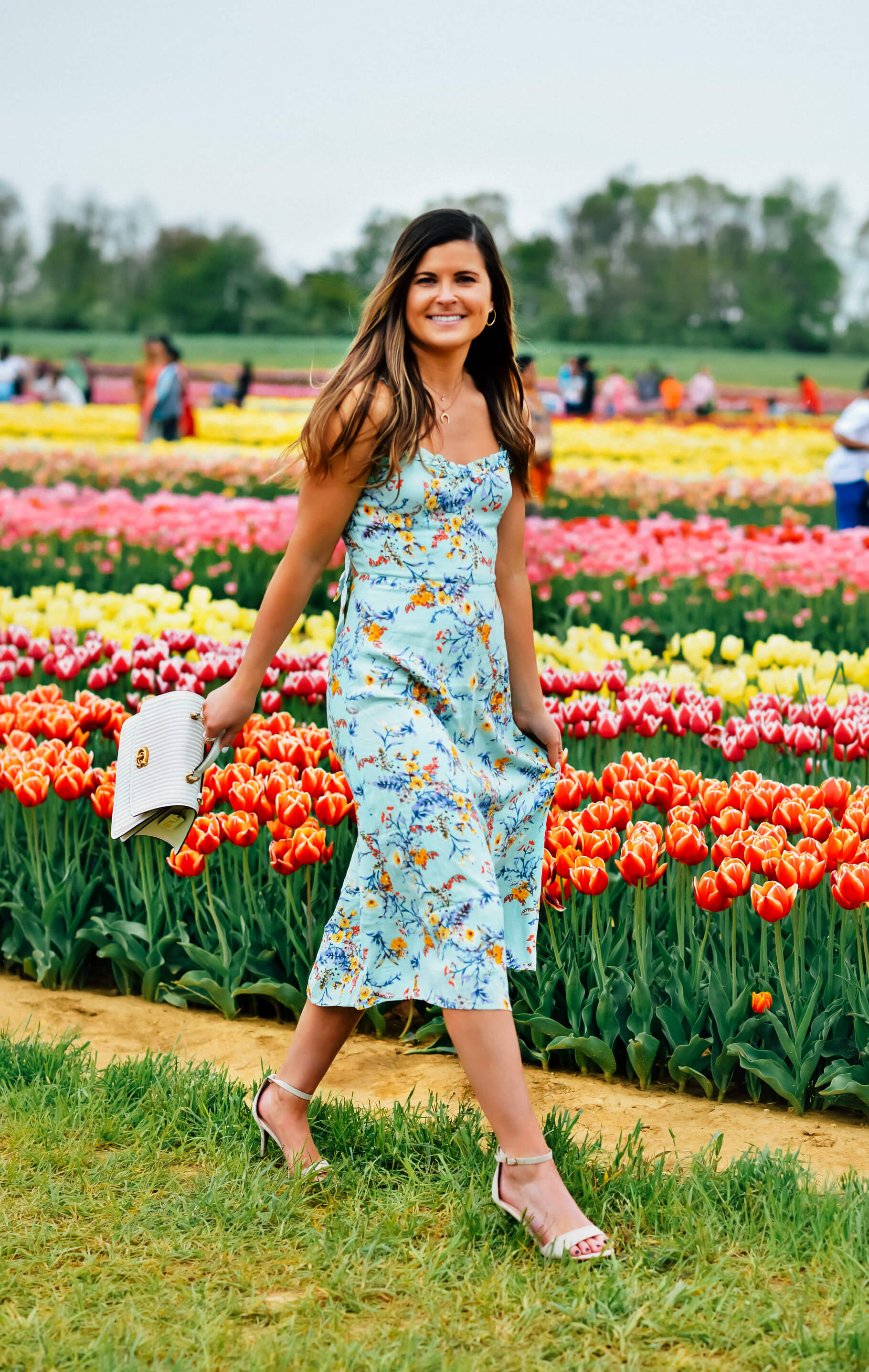 LULUS SUNNY MEADOW SAGE GREEN FLORAL PRINT TIE-BACK MIDI DRESS, garden party dress, spring party dress, spring floral print dress, Coach Parker Top Handle White Quilted Bag, Holland Ridge Farm Tulip Festival, Tilden of To Be Bright