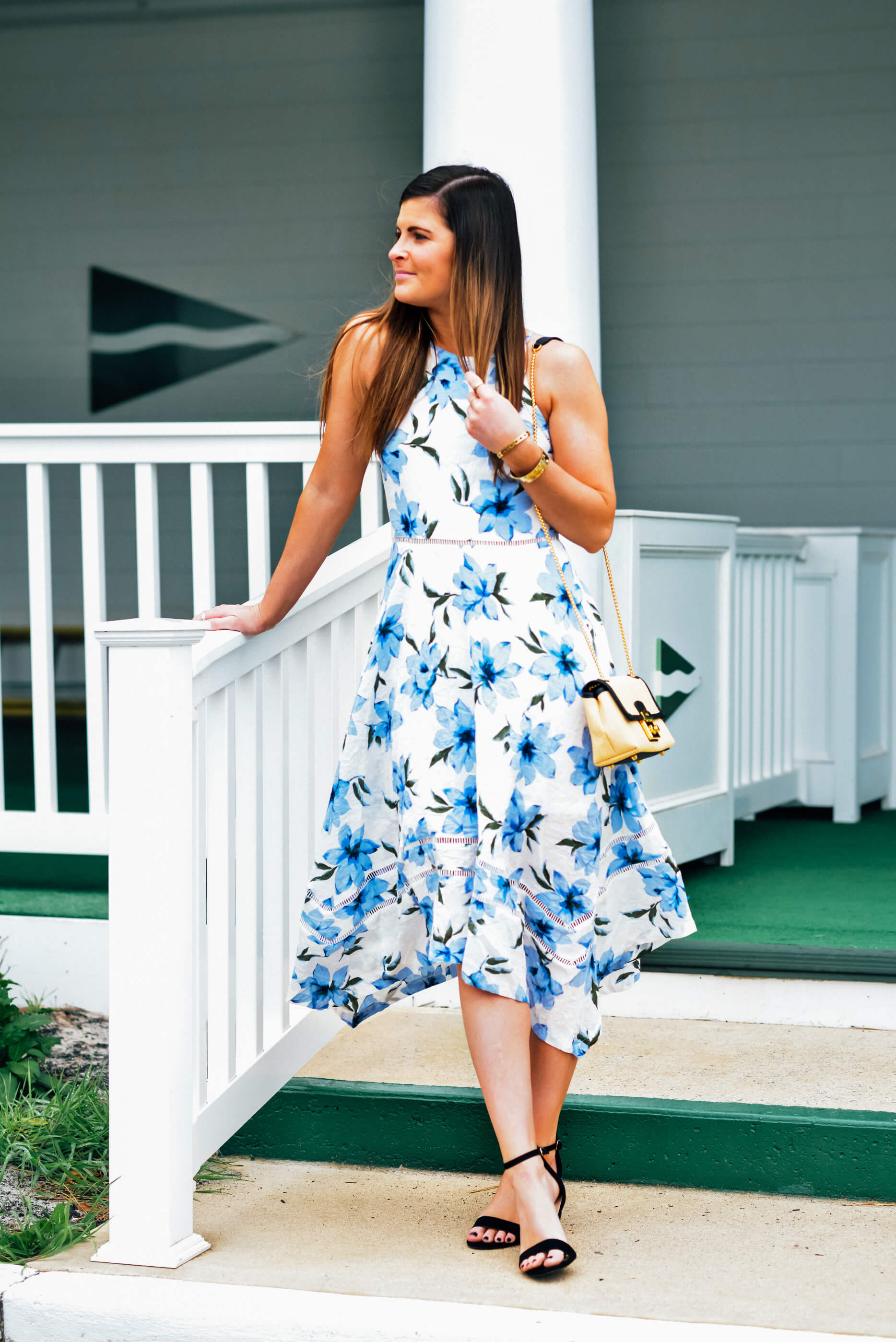 LULUS ZAHARA BLUE AND WHITE FLORAL PRINT MIDI DRESS, Spring Luncheon Floral Dress, Spring Occasion Dress Outfit Idea, Tilden of To Be Bright