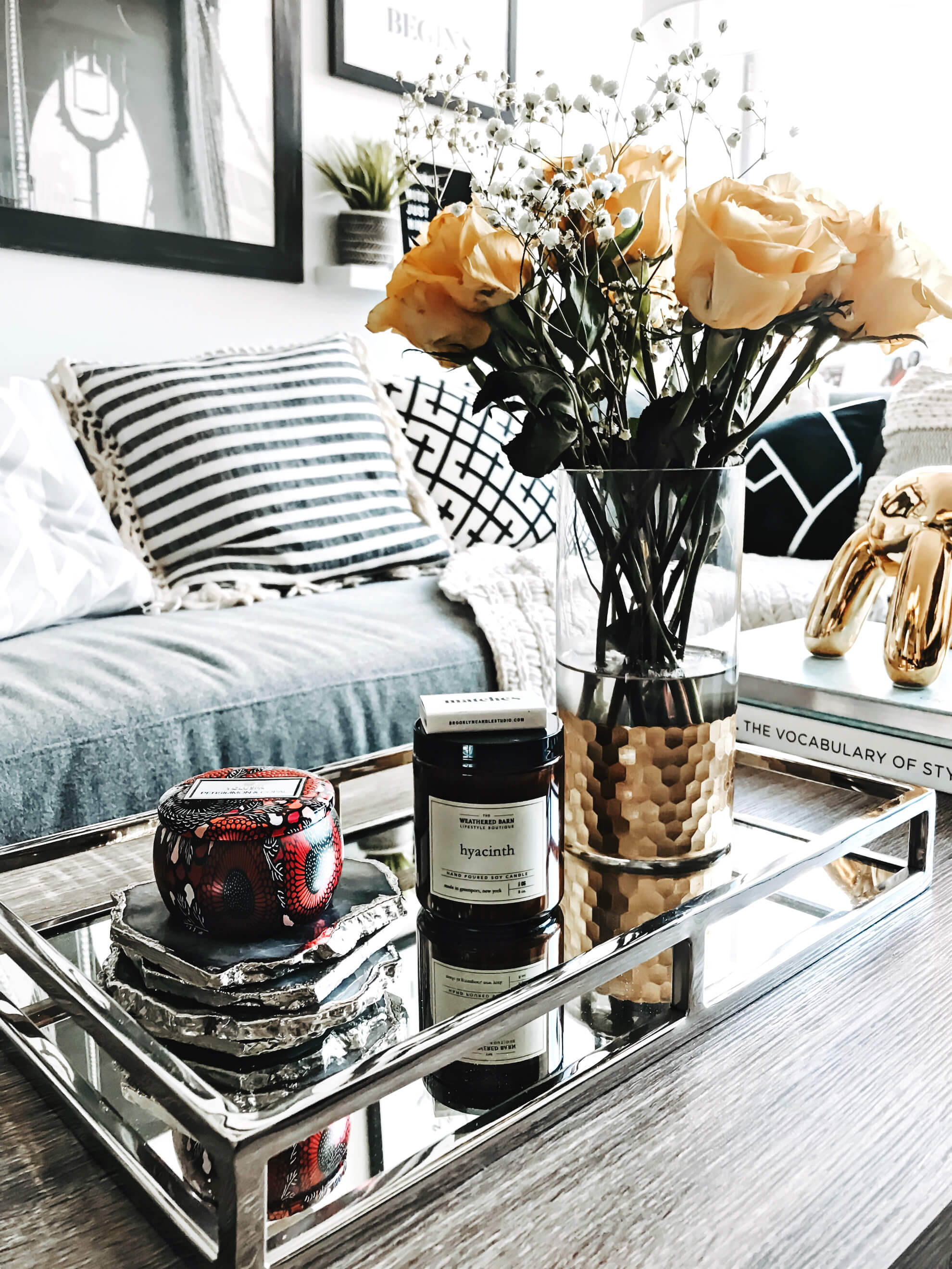 Simple Steps to Creating an Instagram-Worthy Coffee Table Display, Coffee Table Display Ideas, Apartment Living Room Coffee Table Display Ideas, Yellow Flowers, Silver Serving Tray Display, Wayfair Omar Lift Top Coffee Table, Tilden of To Be Bright