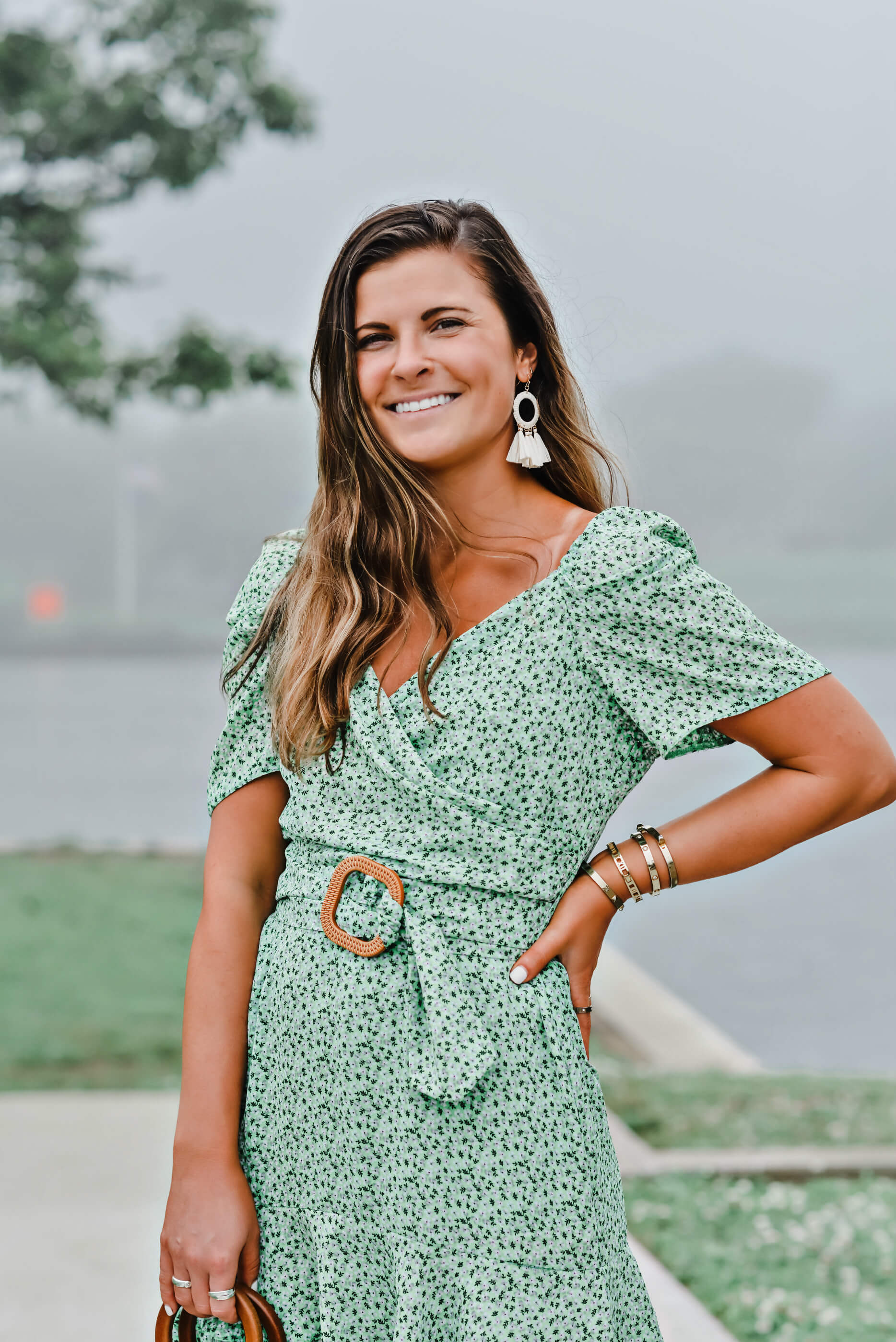 ASOS Green wrap double layer mini dress in ditsy floral print with belt, Francesca's White Tassel Earrings, Summer Dress, Summer Style, Tilden of To Be Bright