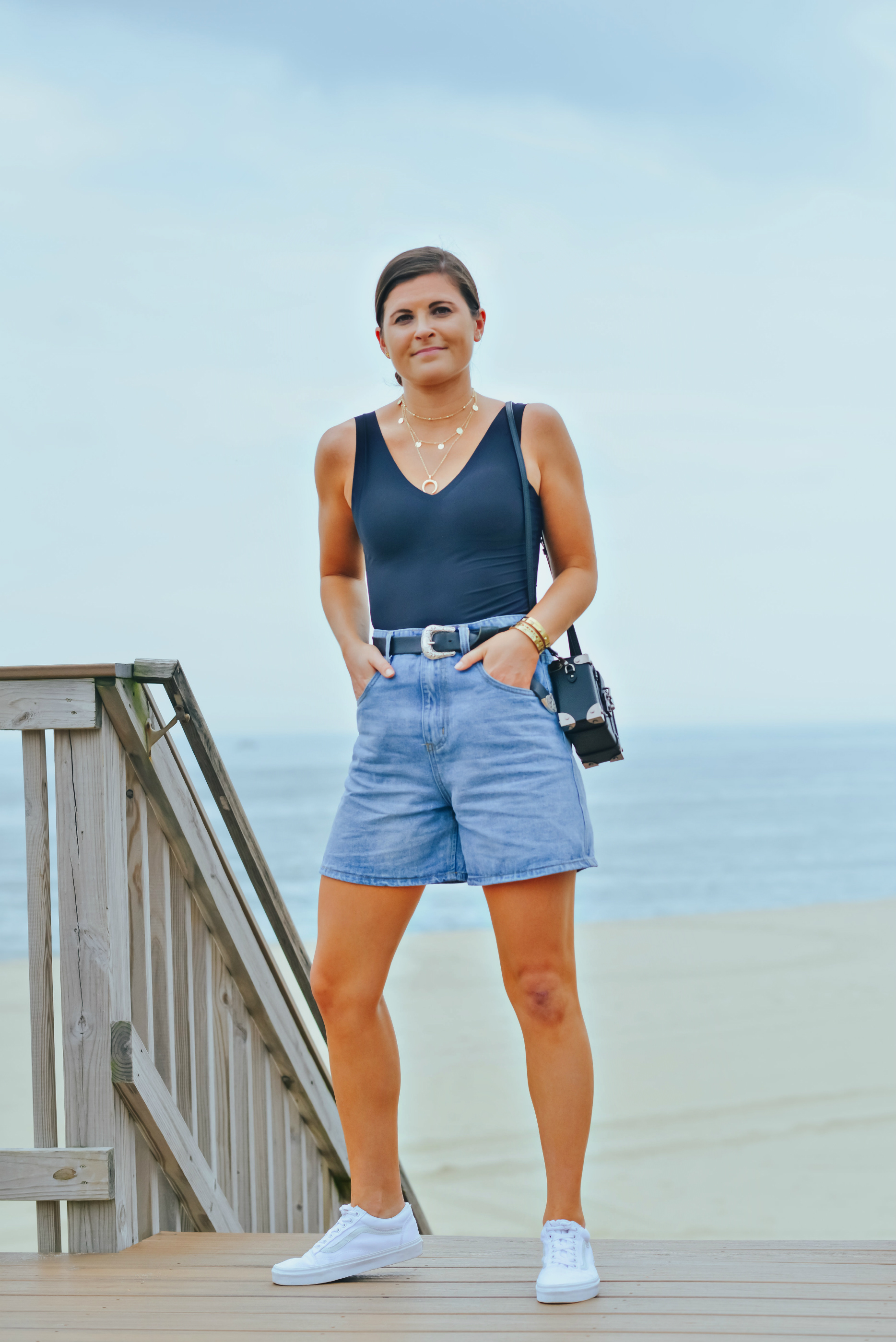 PrettyLittleThing High Waisted Mom Jean Denim Shorts, Dorina Black Seamless Bodysuit, Vans Classic Old Skool Triple White Sneakers, Denim Shorts Outfit, How to Wear Denim Shorts as an Adult, Tilden of To Be Bright