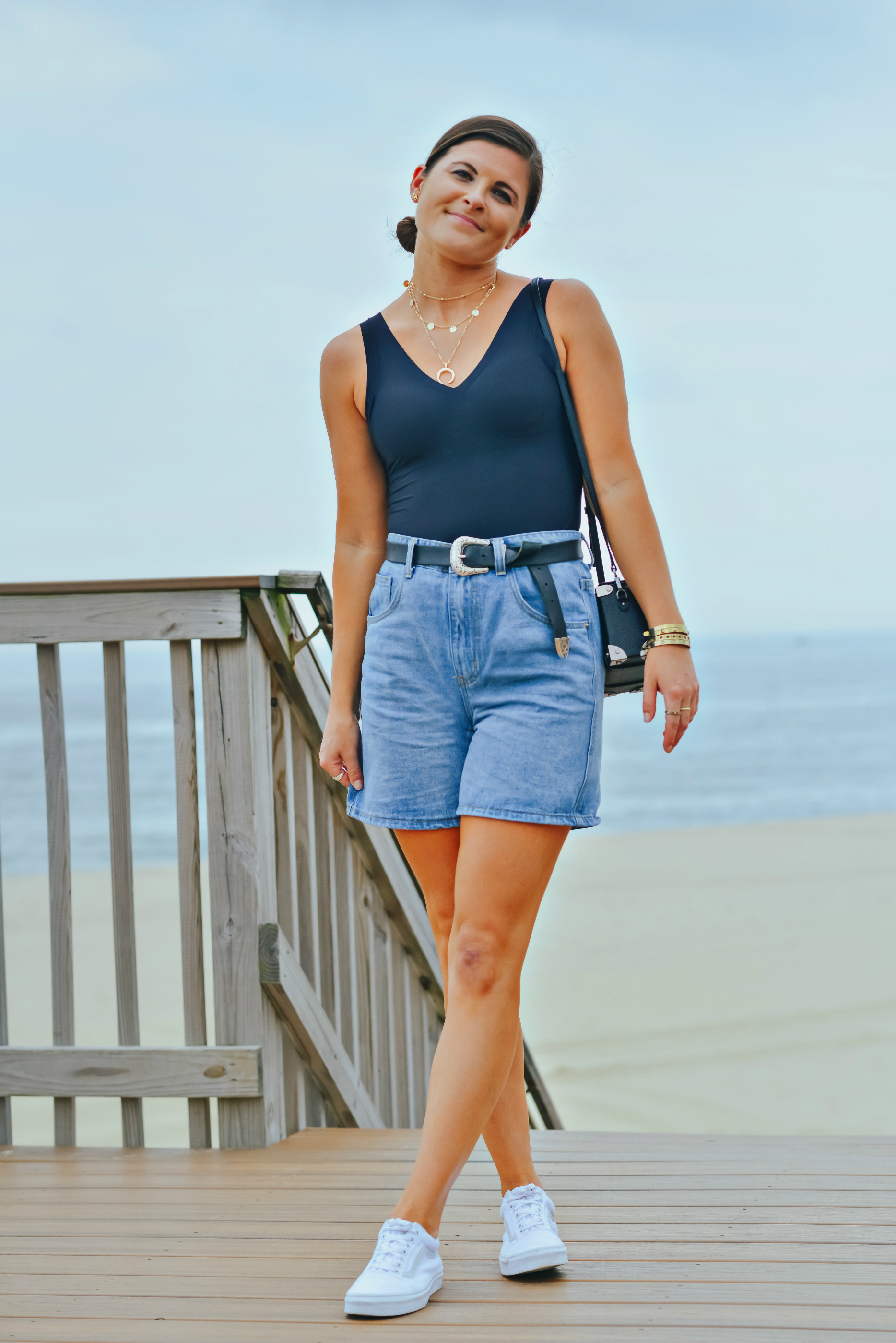 PrettyLittleThing High Waisted Mom Jean Denim Shorts, Dorina Black Seamless Bodysuit, Vans Classic Old Skool Triple White Sneakers, Denim Shorts Outfit, How to Wear Denim Shorts as an Adult, Tilden of To Be Bright