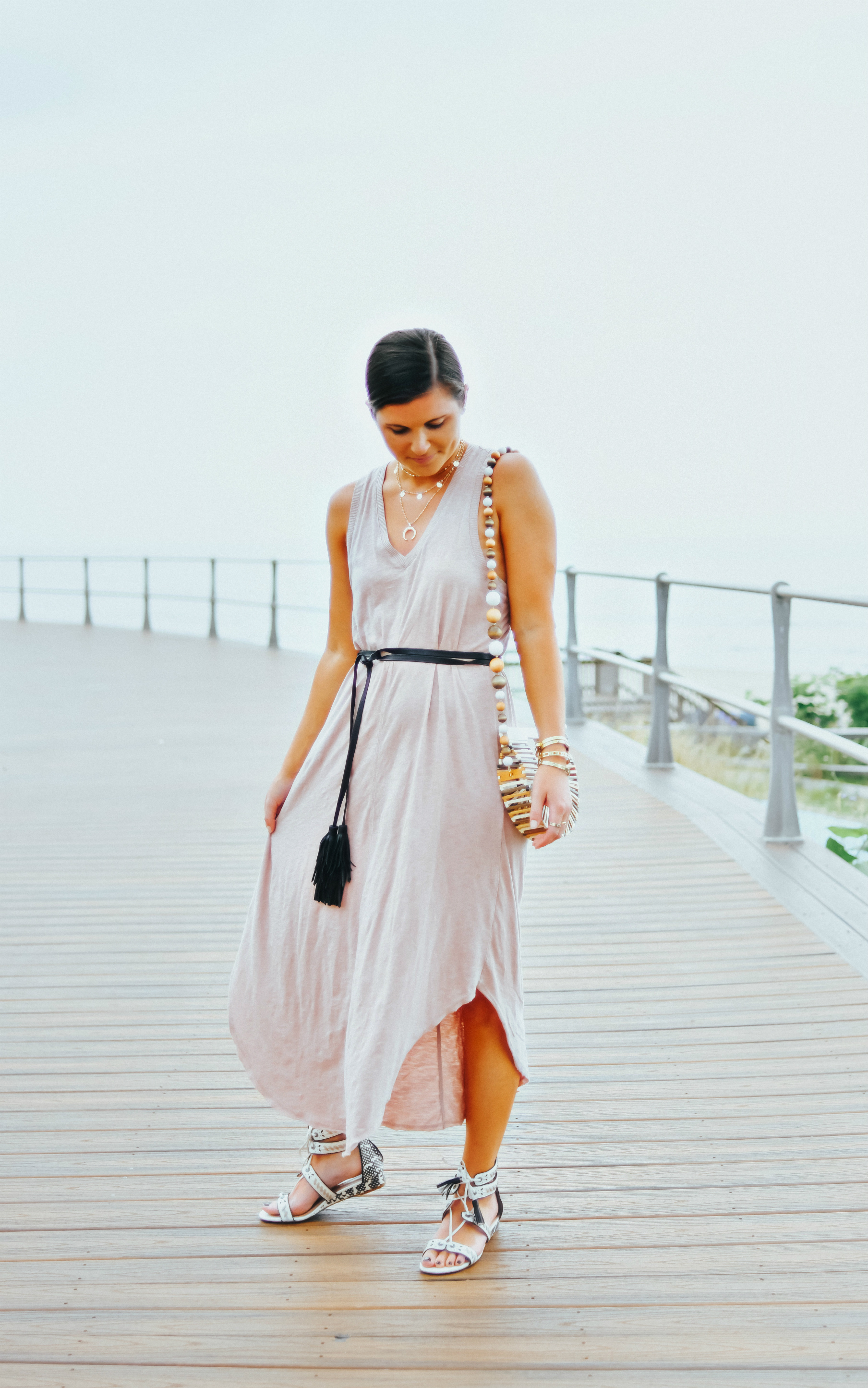 Z Supply Deauville Mauve The Reverie Midi Dress, B-Low The Belt Black Tassel Gatsby Whip Belt, Coach Via Demi Wedge Sandal, Cult Gaia Gaias Ark Micro Crossbody, Summer Style, Summer Casual Outfit, Tilden of To Be Bright 