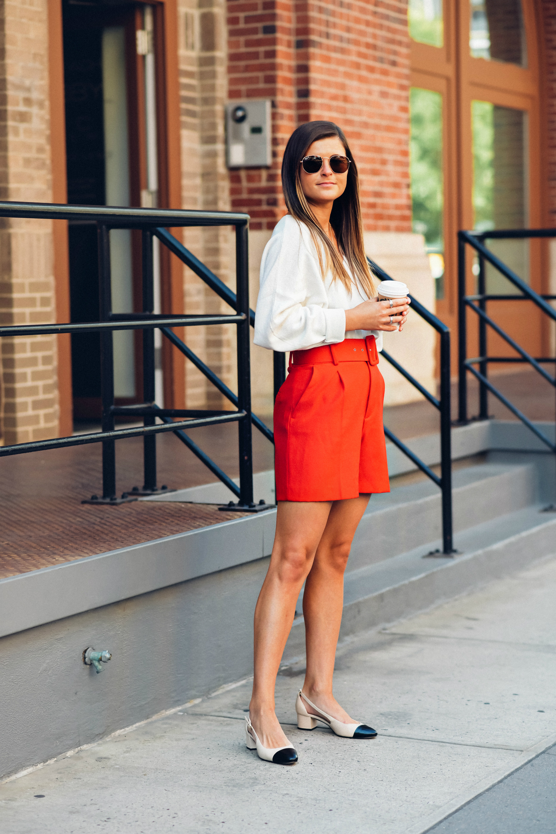 White V Neck Sweater, Red High Waisted Shorts, Sam Edelman Leah Cap Toe Pumps, Fall Street Style, Tilden of To Be Bright