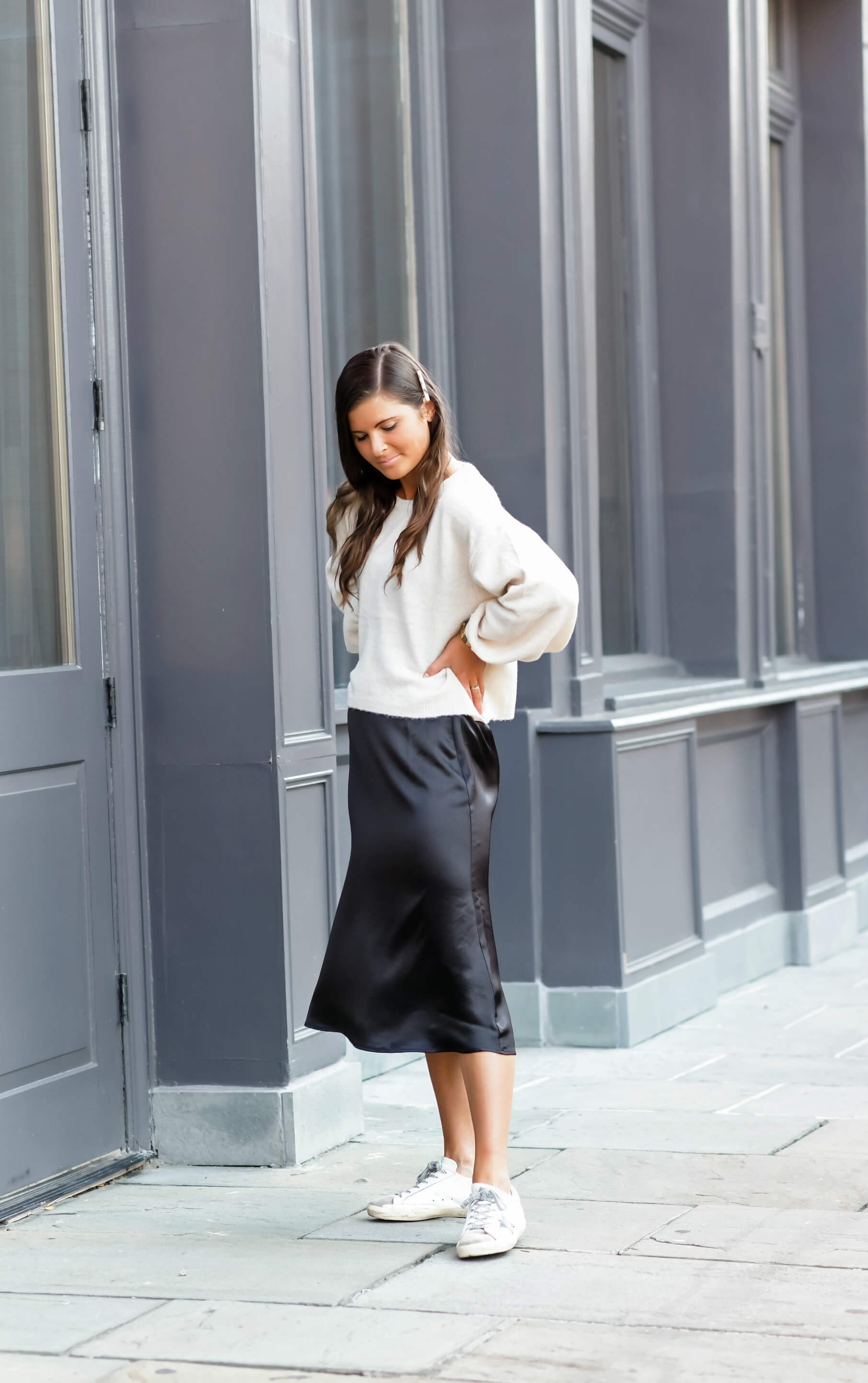 Two Ways To Style A Satin Midi Skirt, Skirt & Sweater Outfit With Golden Goose Superstar Sneakers, Fall Style, Lucki Clover Boutique, Tilden of To Be Bright