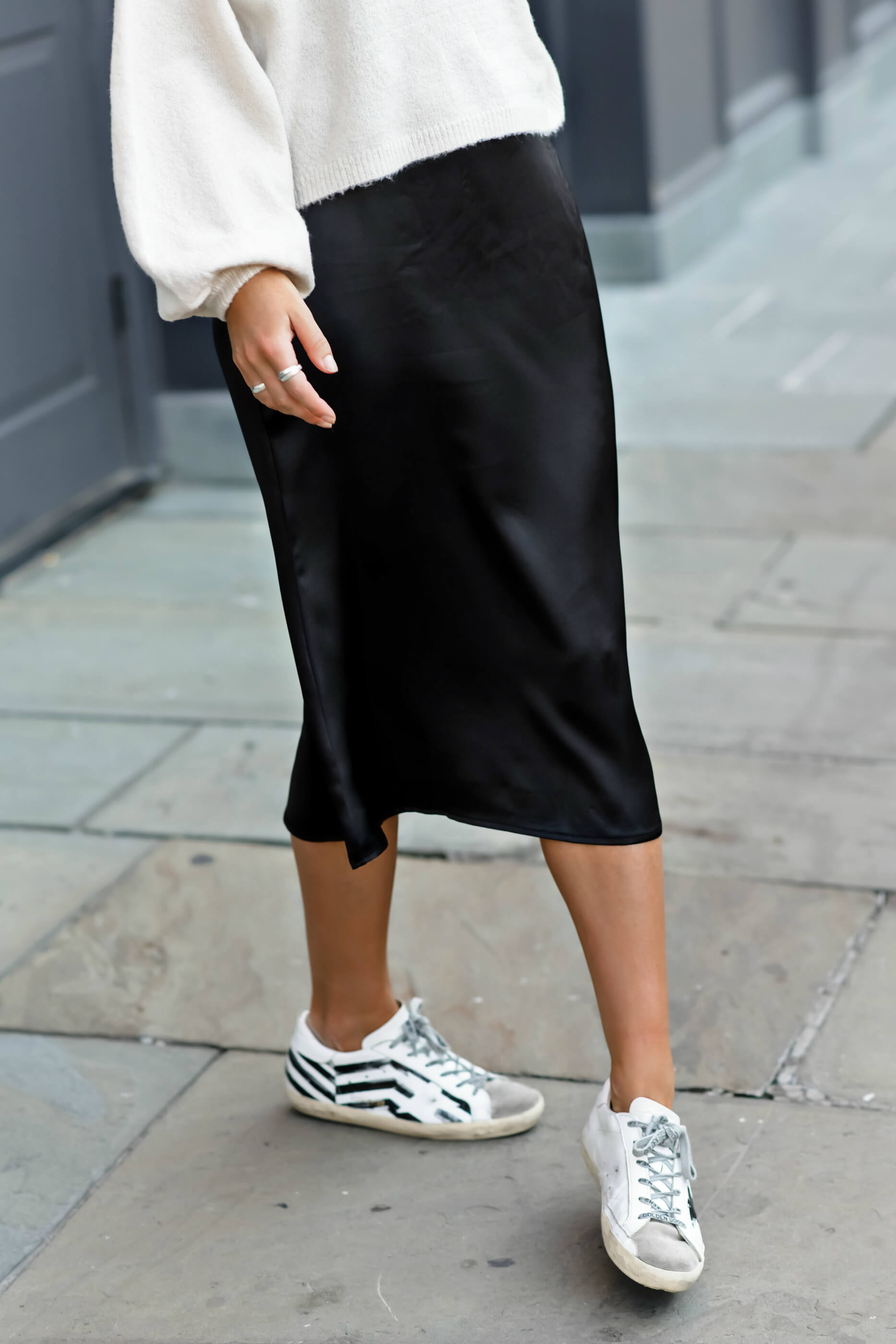 Two Ways To Style A Satin Midi Skirt, Skirt & Sweater Outfit With Golden Goose Superstar Sneakers, Fall Style, Lucki Clover Boutique, Tilden of To Be Bright