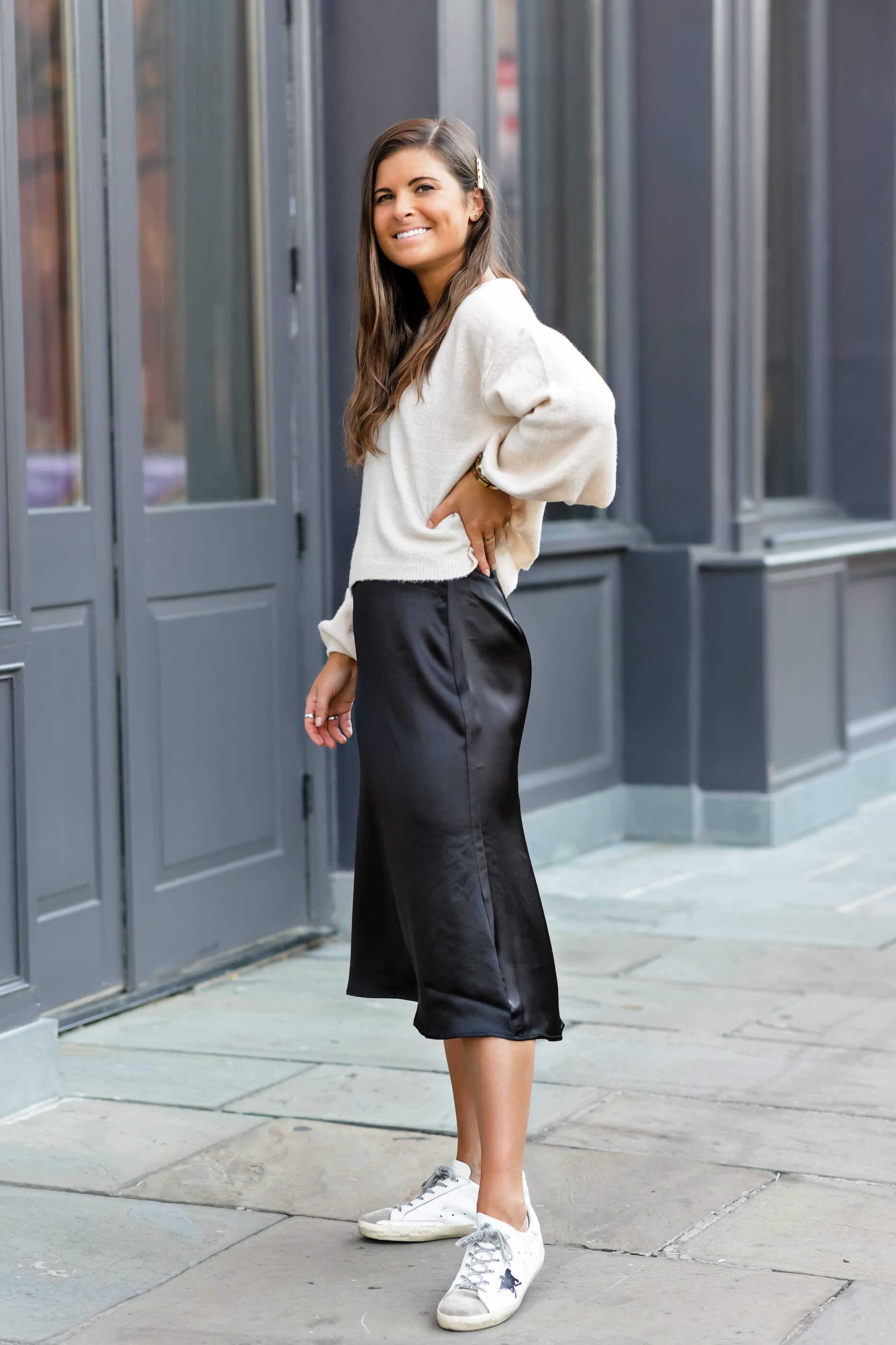 Two Ways To Style A Satin Midi Skirt, Skirt & Sweater Outfit With Golden Goose Superstar Sneakers, Fall Style, Lucki Clover Boutique, Tilden of To Be Bright