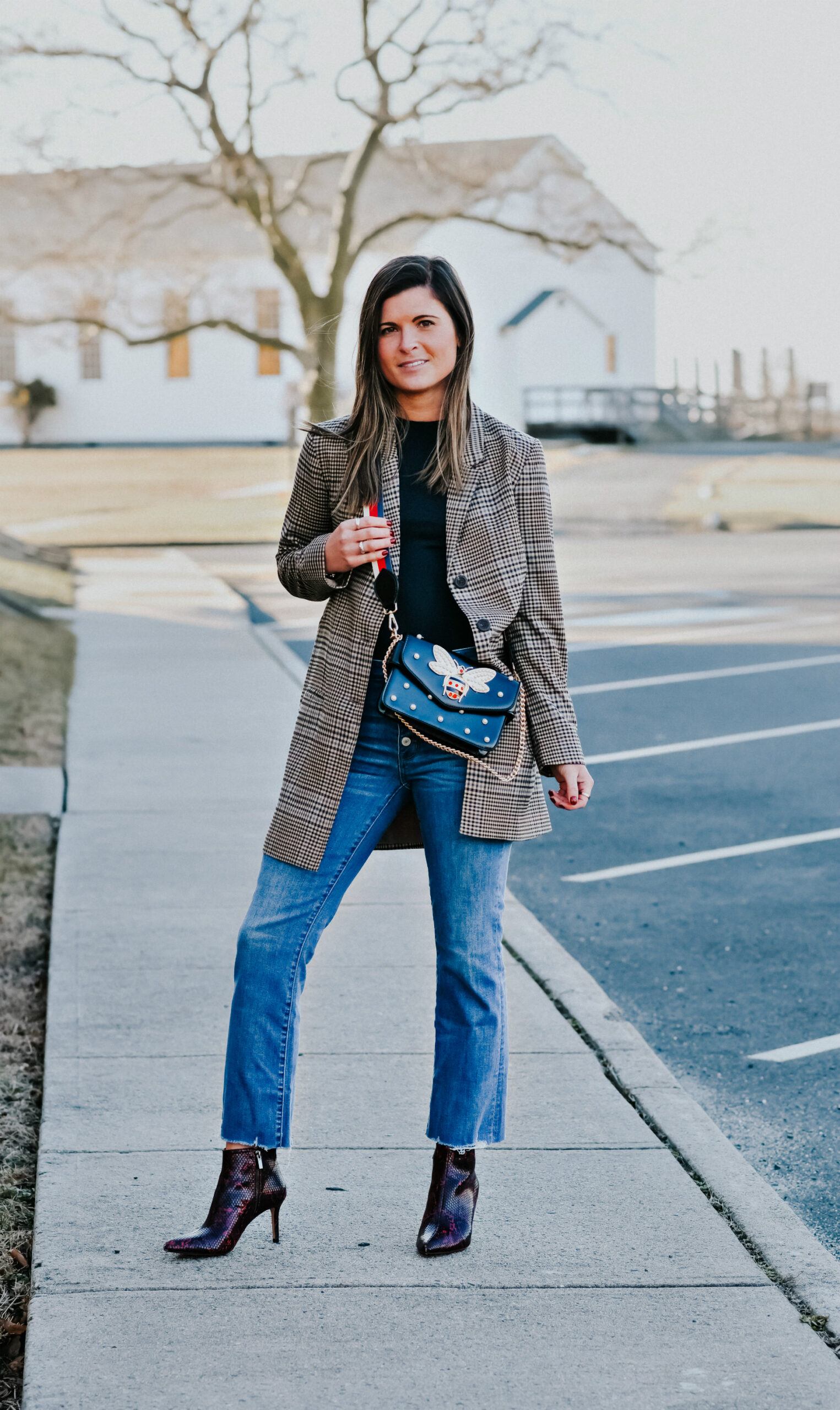 Plaid Blazer & Jeans Outfit, Fall Winter Style, Cropped American Eagle Jeans, Red Snakeskin Booties, Bee Crossbody Bag, SKIMS Essential Bodysuit, SKIMS Long Sleeve Crew Neck Thong Bodysuit in Onyx, Tilden of To Be Bright
