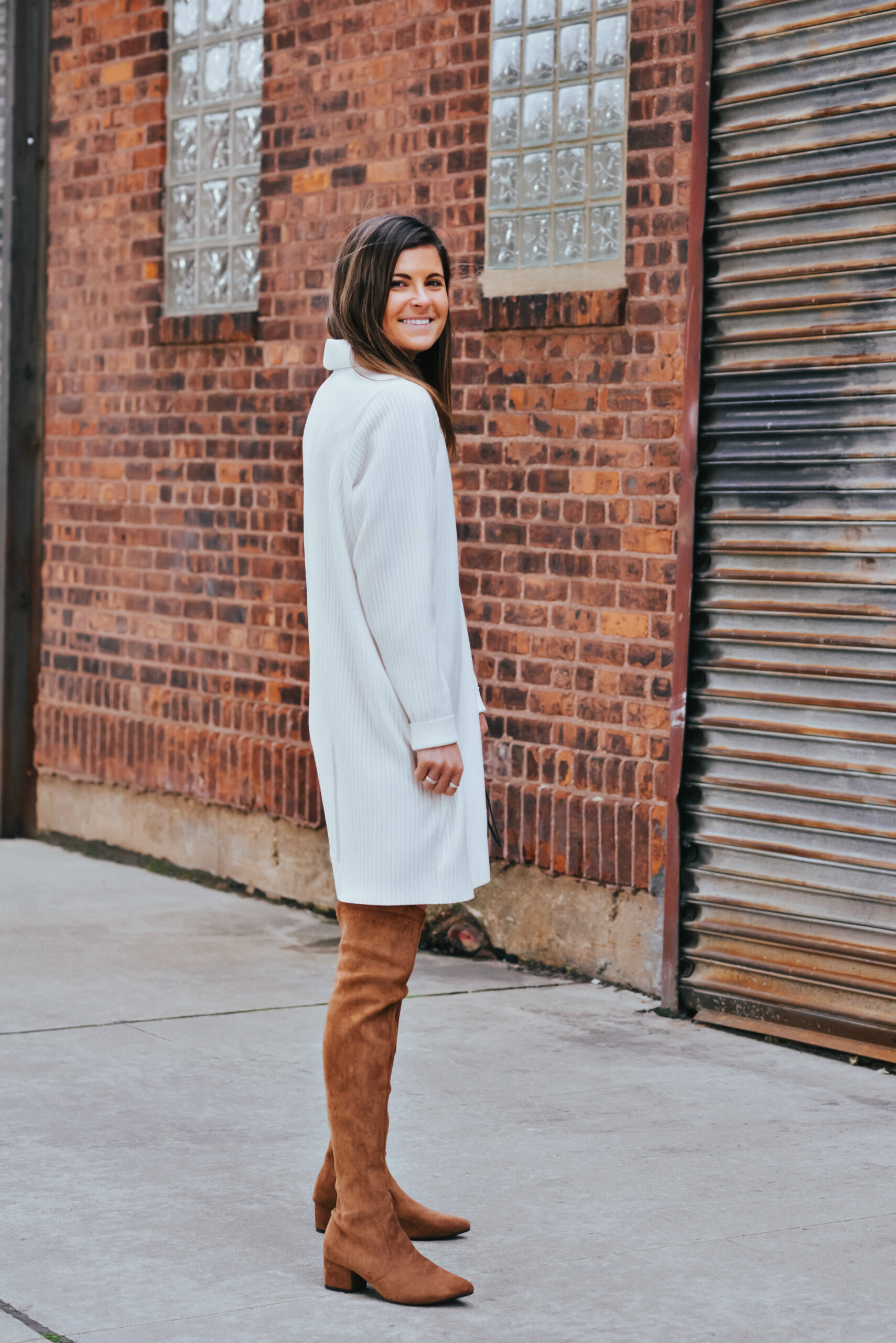 Spring Sweater Dress Outfit, Spring Day To Night Look, White Sweater Dress, Brown Over The Knee Boots, Spring Style, Tilden of To Be Bright