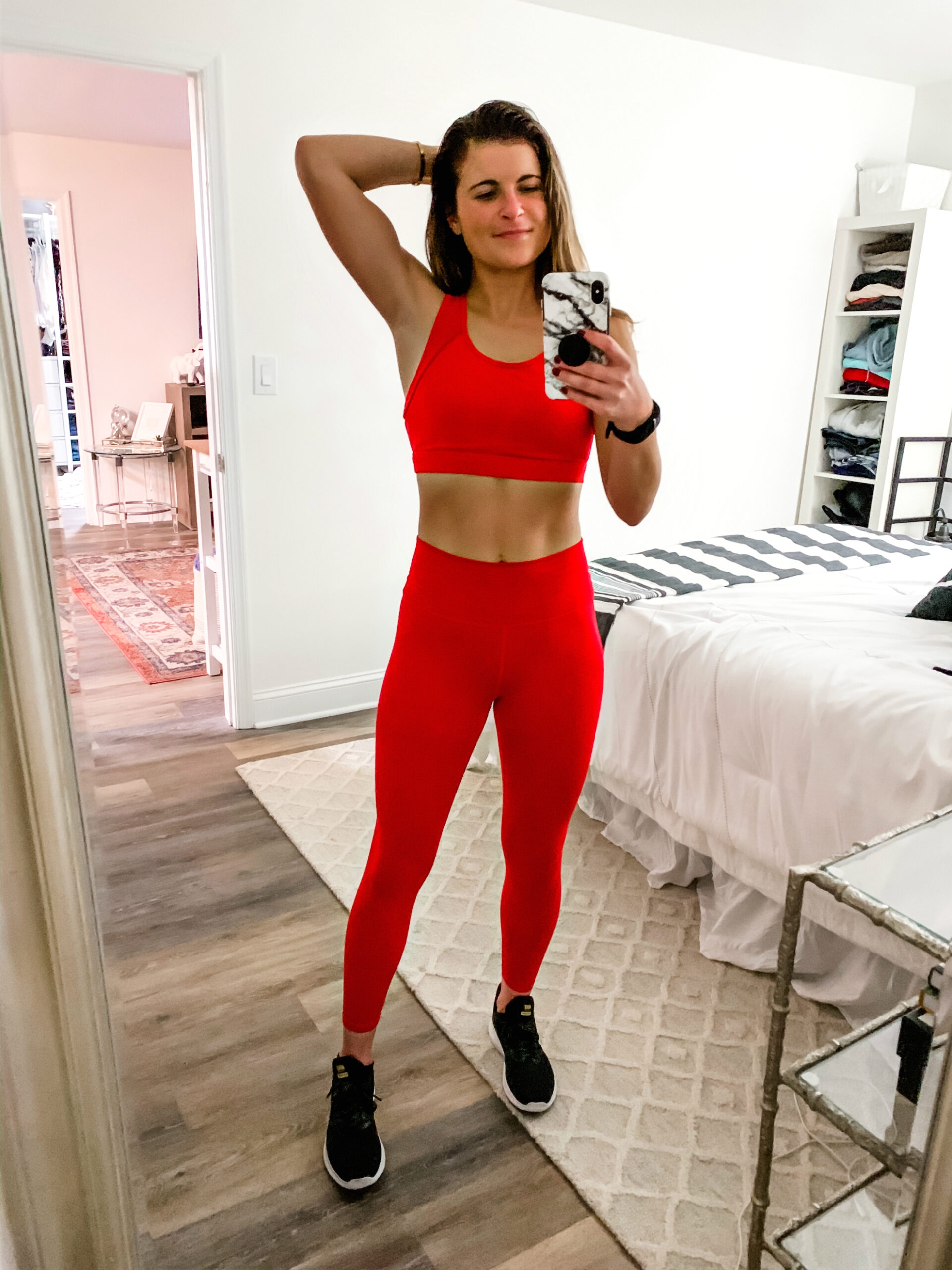 Fabletics Katelyn Medium Impact Sports Bra in Persimmon, Fabletics High-Waisted PowerHold® 7/8 Legging in Persimmon, Red Activewear Set, Tilden of To Be Bright