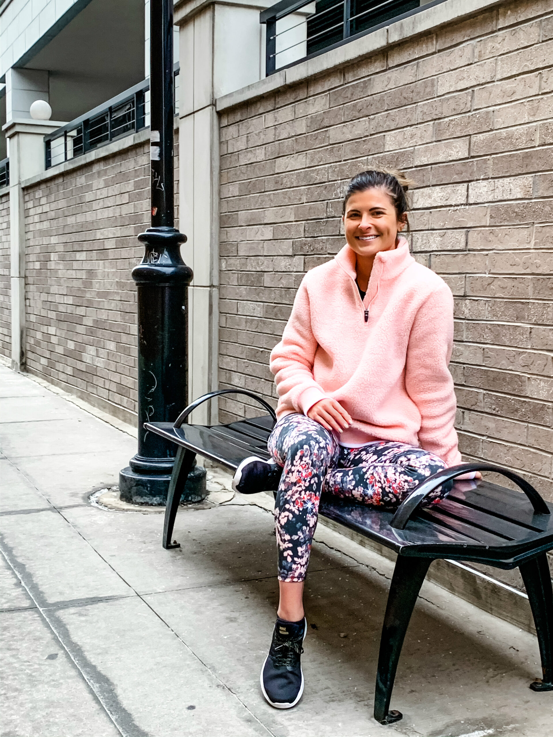 Sweaty Betty Sierra Sherpa Pullover, Sweaty Betty Power 7/8 Workout Leggings in Liberated Pink Floral Print, Tilden of To Be Bright