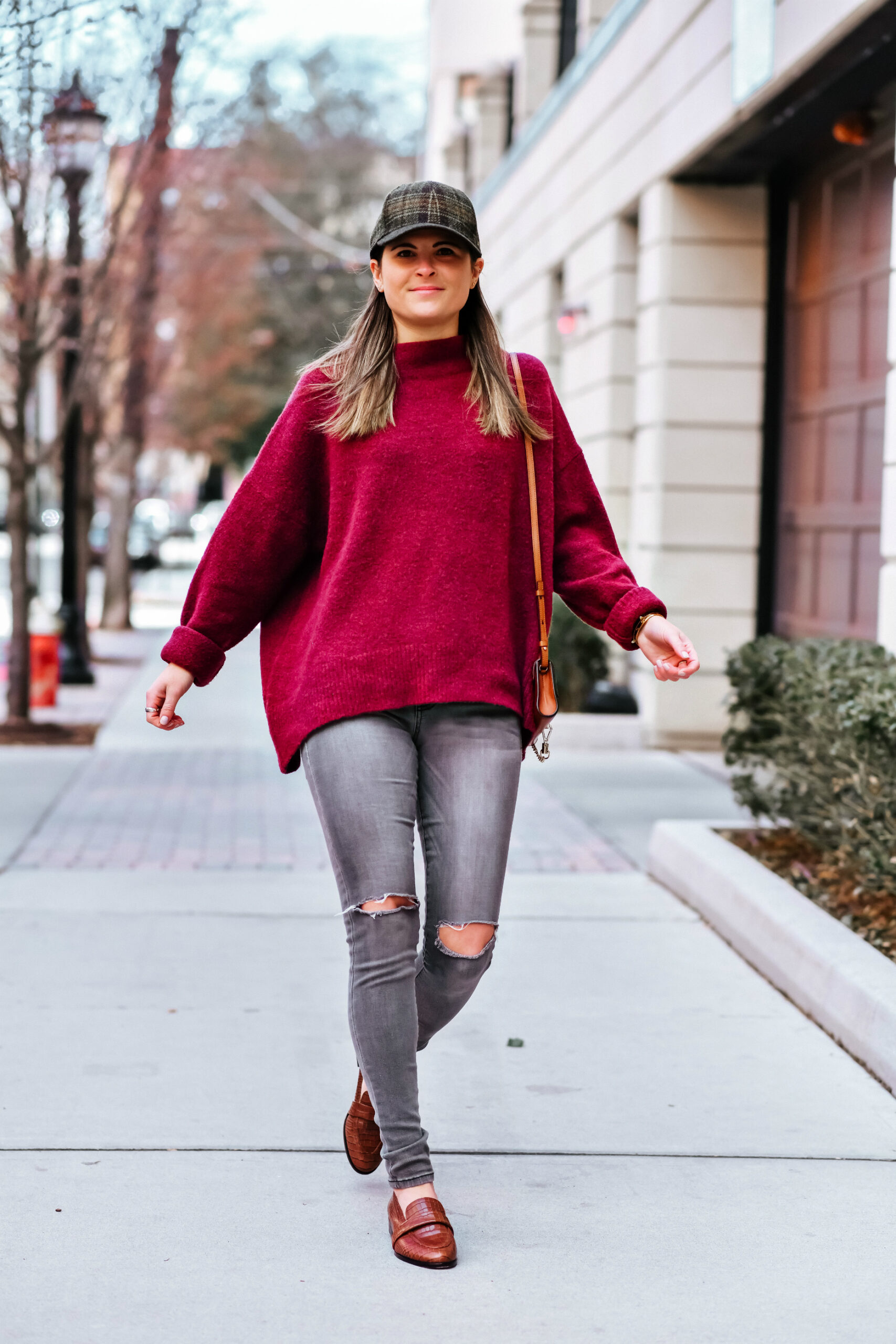 Burgundy Pullover Sweater, Grey Skinny Ripped Jeans, Croc Embossed Loafers, Plaid Baseball Hat, Spring Style, Tilden of To Be Bright