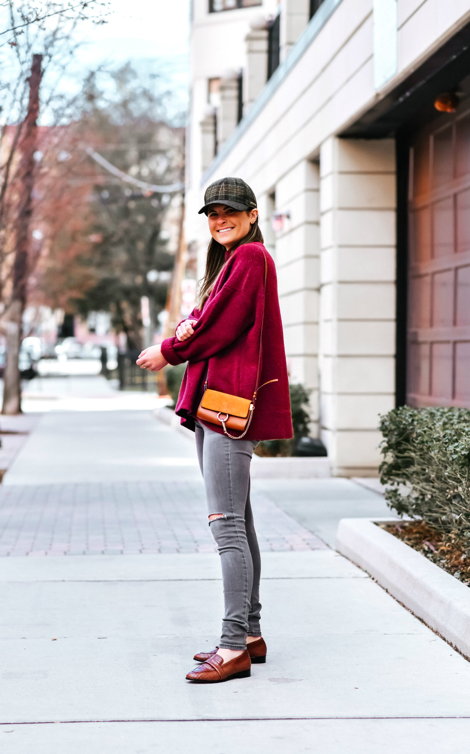 Burgundy Pullover Sweater, Grey Skinny Ripped Jeans, Croc Embossed Loafers, Plaid Baseball Hat, Spring Style, Tilden of To Be Bright