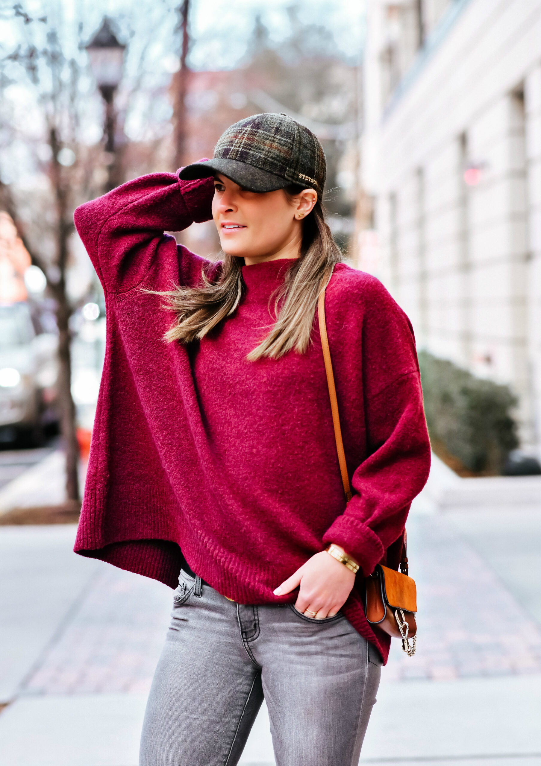 Burgundy Pullover Sweater, Grey Skinny Ripped Jeans, Plaid Baseball Hat, Spring Style, Tilden of To Be Bright
