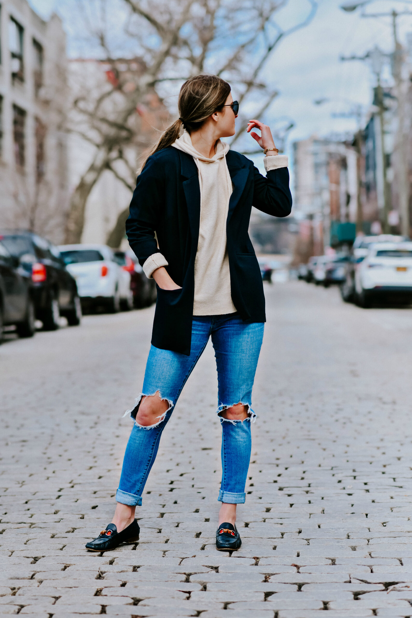 Spring Blazer Outfit, Navy Boyfriend Blazer Outfit, Knit Hoodie, Levi's High-Rise Denim, Gucci Navy Loafers, Tilden of To Be Bright