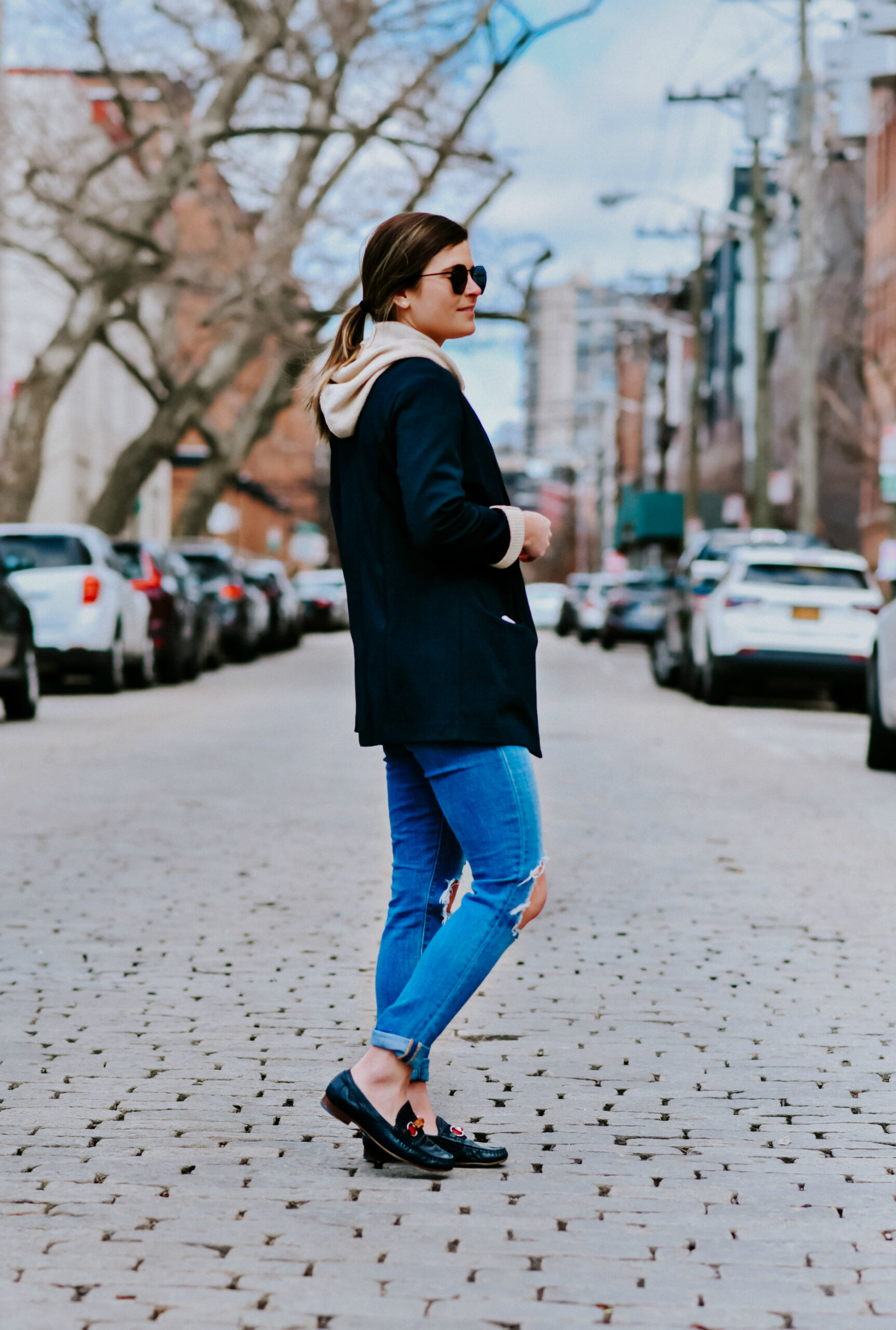 Spring Blazer Outfit, Navy Boyfriend Blazer Outfit, Knit Hoodie, Levi's High-Rise Denim, Gucci Navy Loafers, Tilden of To Be Bright