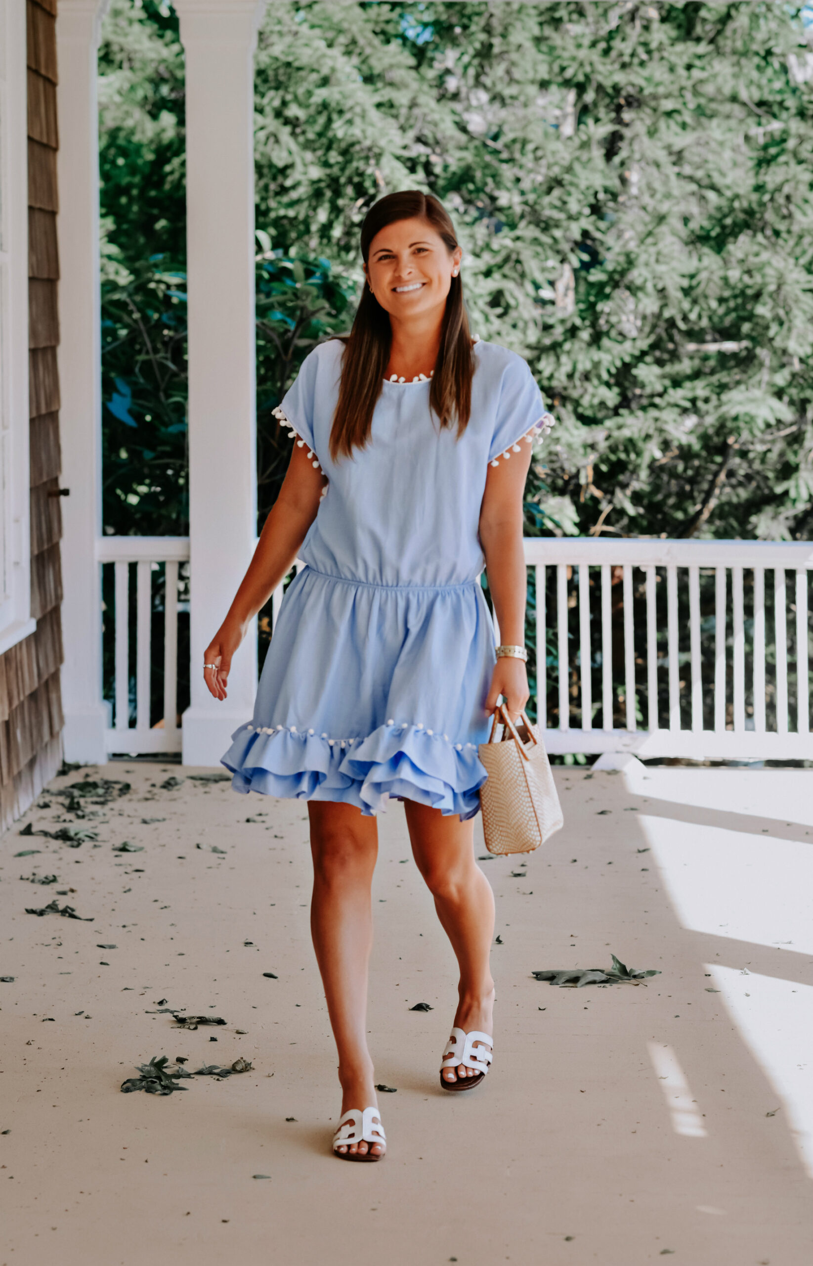 Fun Summer Dresses For Date Night, Summer Date Night Dress, Peixoto Nissi Pom Pom Dress, The American Weekend Society Ivy League Bow Hair Clip, Sam Edelman Bay Slide Sandal, Tilden of To Be Bright