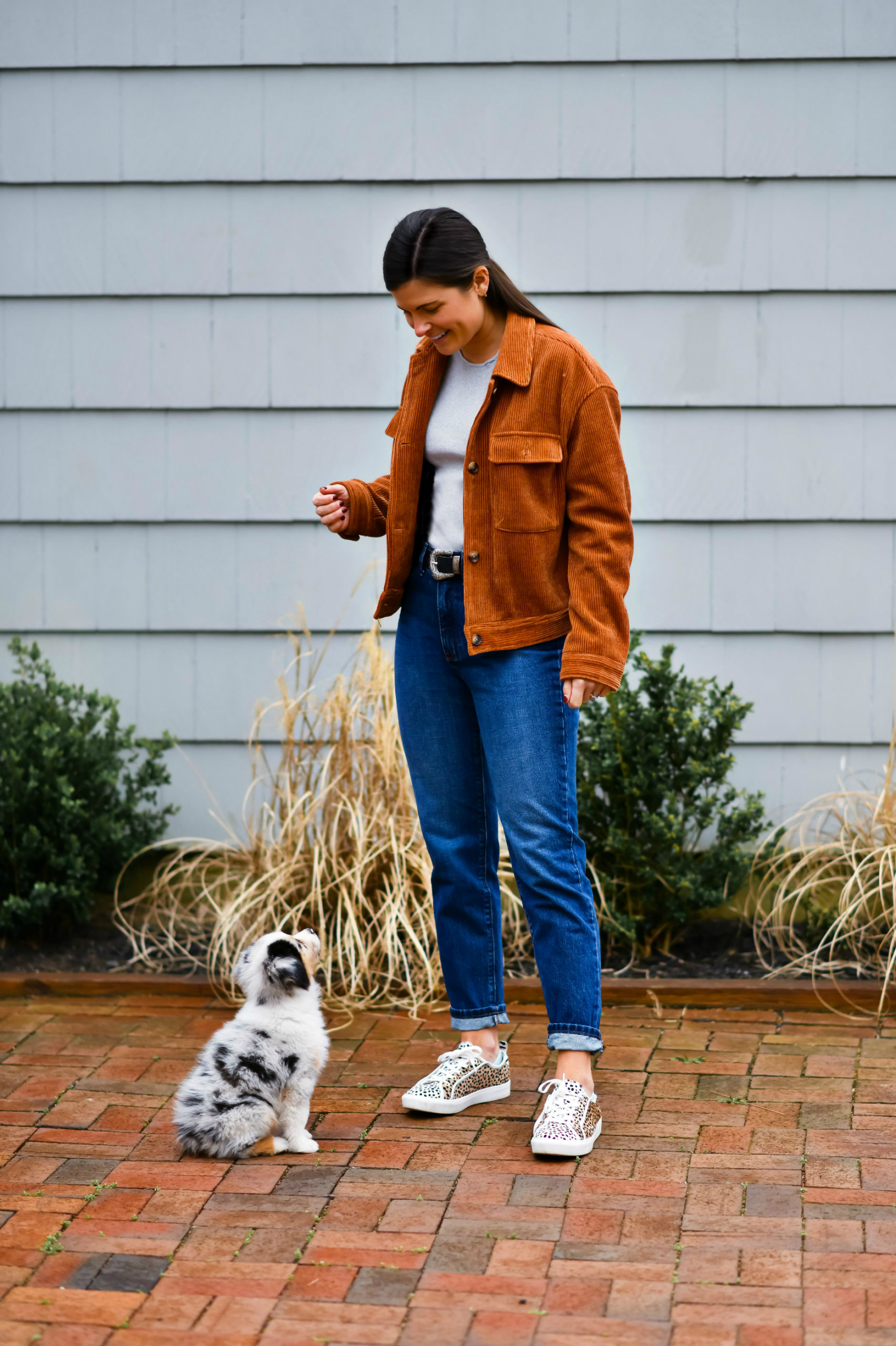 Mott & Bow The Mom "Henry" Jean, Mom Jean Outfit, UpWest Corduroy Trucker Jacket, Ann Taylor Natalia Spotted Sneakers, Tilden of To Be Bright 
