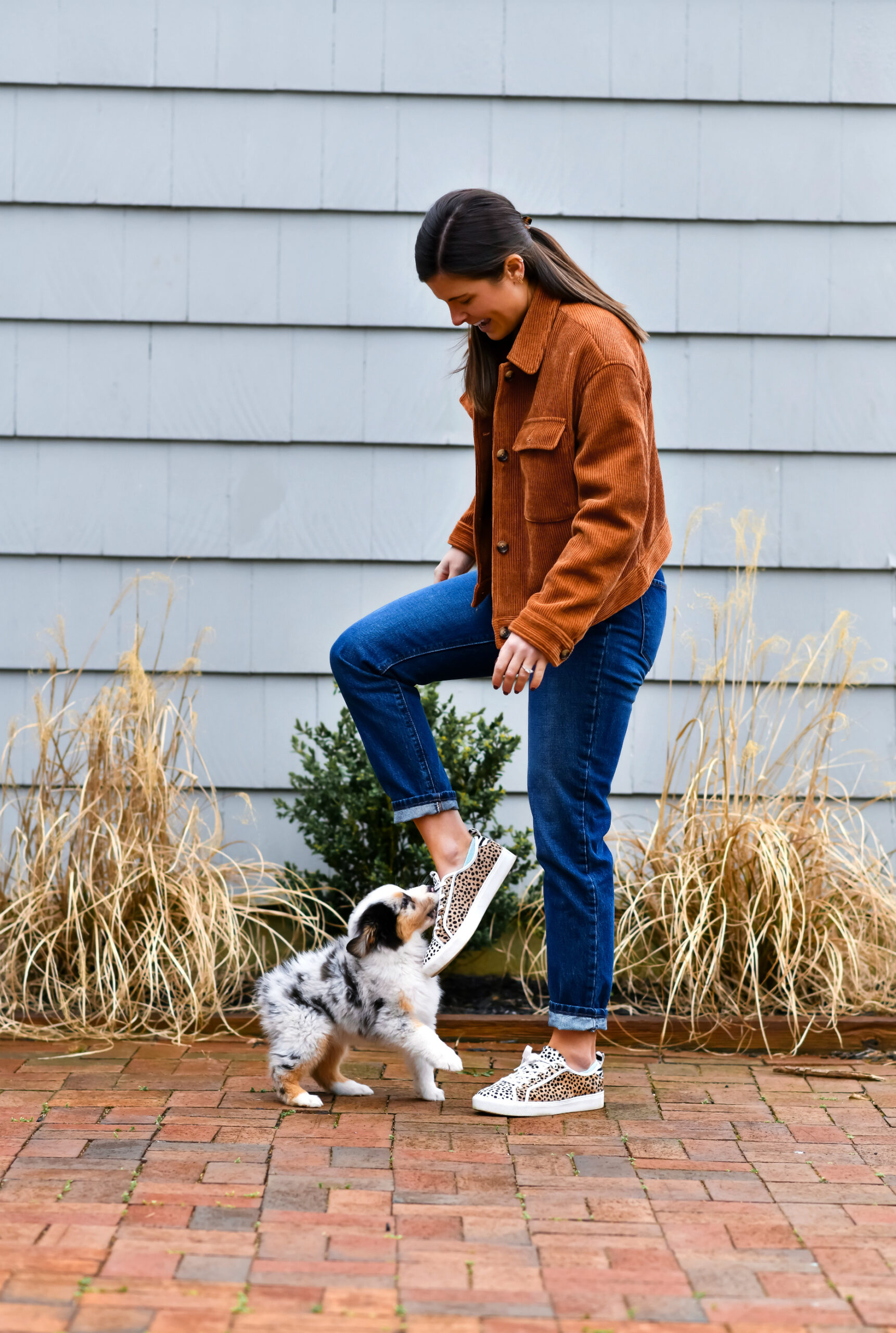 Mott & Bow The Mom "Henry" Jean, Mom Jean Outfit, UpWest Corduroy Trucker Jacket, Ann Taylor Natalia Spotted Sneakers, Tilden of To Be Bright 