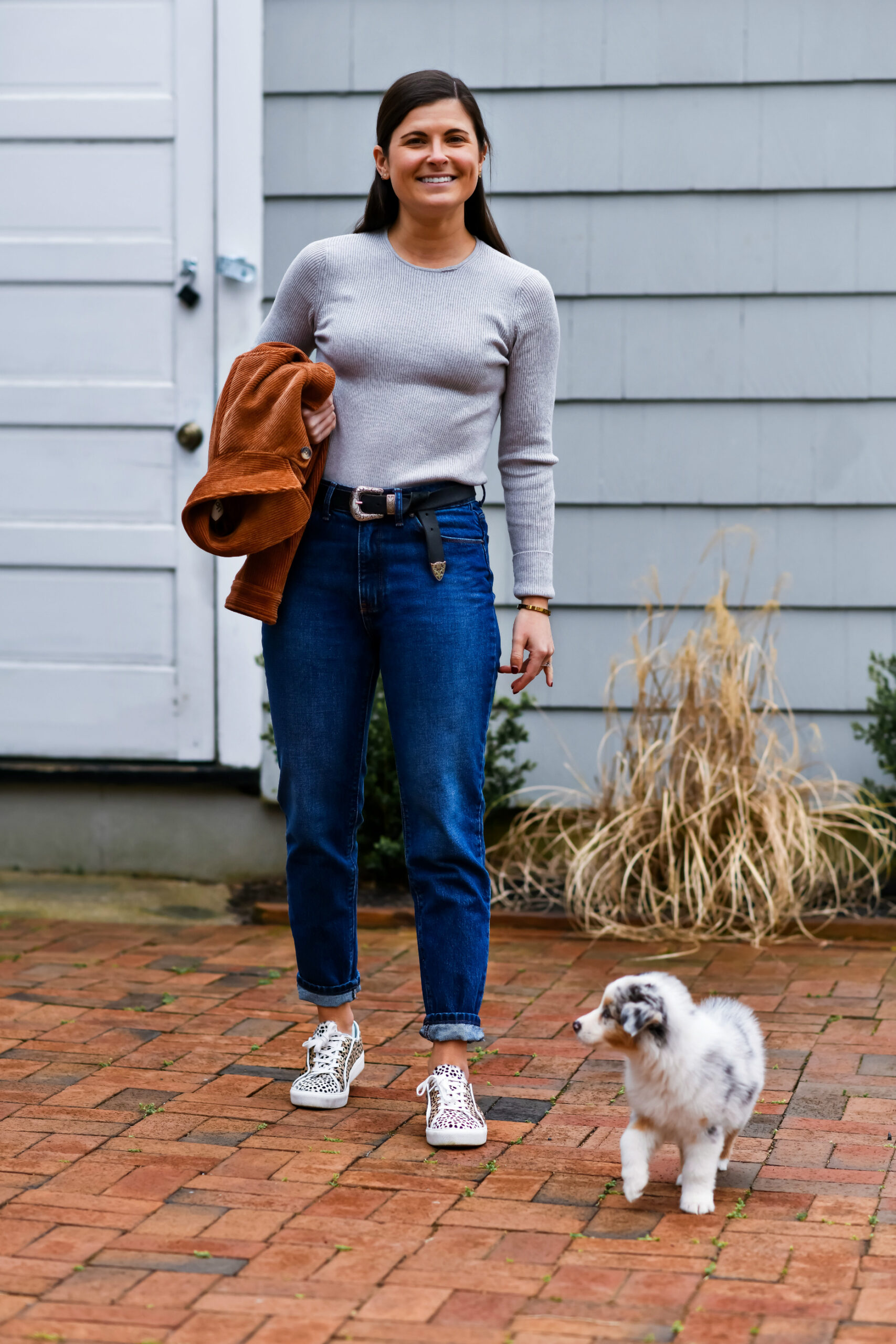 Mott & Bow The Mom "Henry" Jean, Mom Jean Outfit, Mott & Bow Light Ribbed Cashmere Sweater, Ann Taylor Natalia Spotted Sneakers, Tilden of To Be Bright 