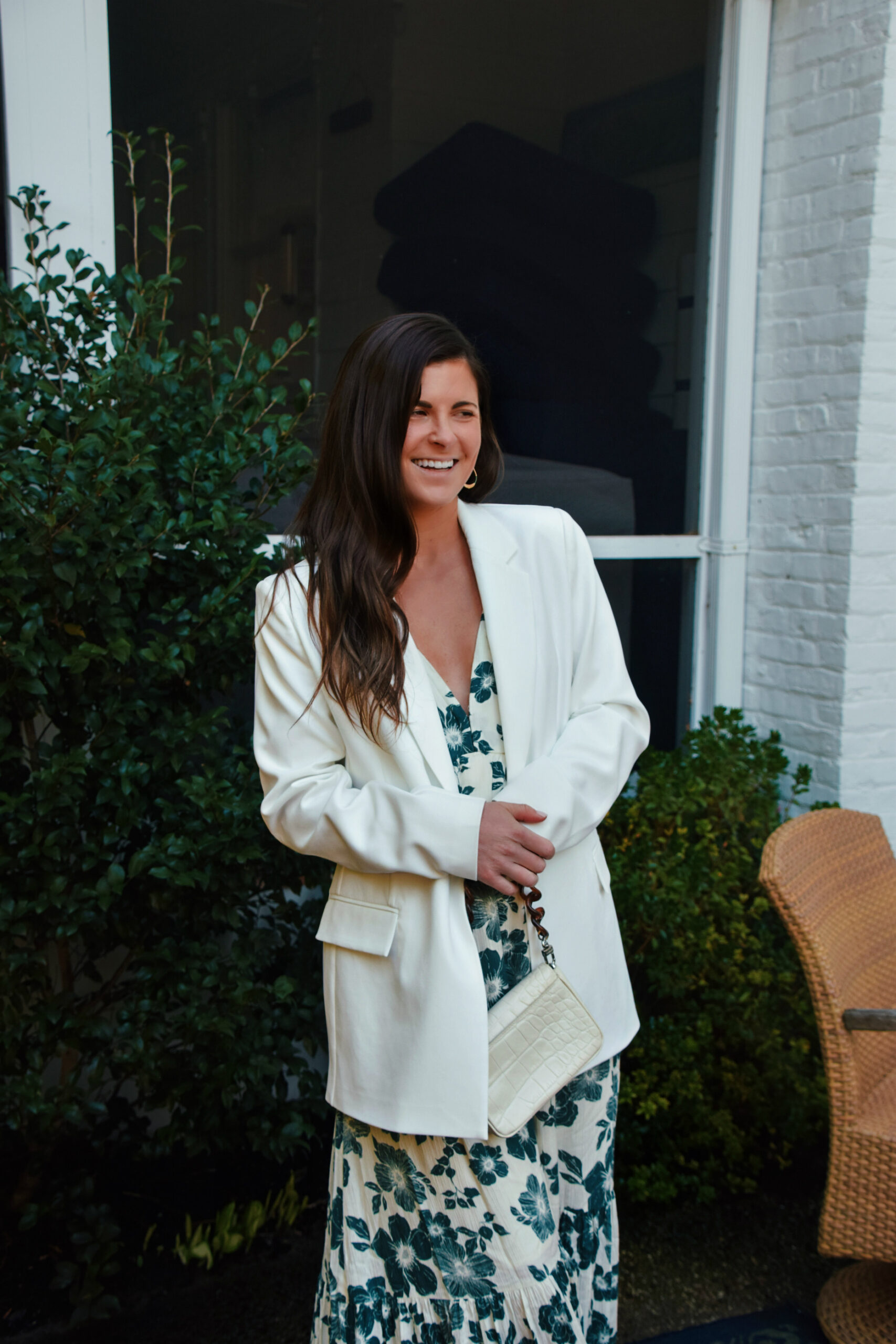 White Long Blazer, Abercrombie Tie-Strap Babydoll Midaxi Green White Floral Dress, Staud Mini Tommy Bag, Marc Fisher White Jarli Boots, Easter Outfit Ideas, White Blazer Spring Outfit, Tilden of To Be Bright