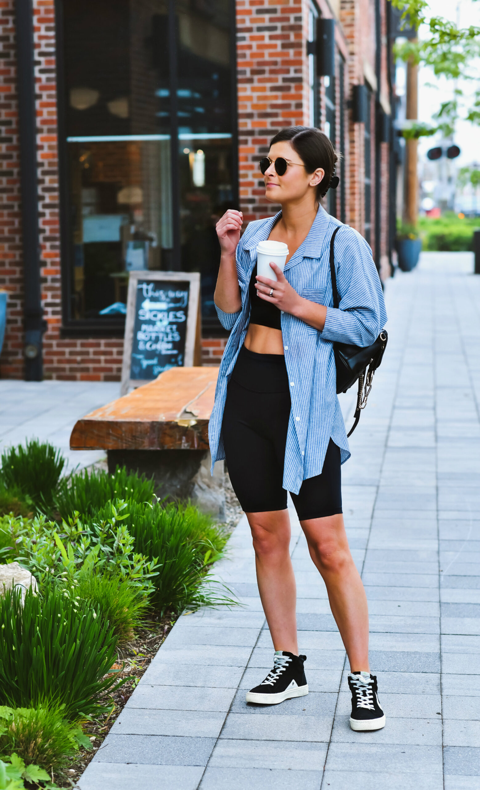 Long Biker Shorts Outfit, Oversized Button Down with Biker Shorts, Cariuma High Top Sneakers, Tilden of To Be Bright